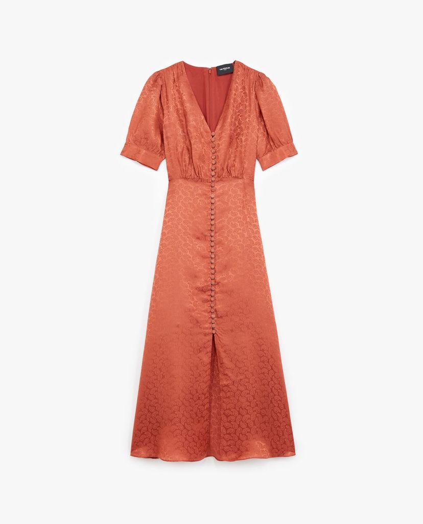 THE KOOPLES - Đầm midi cổ V tay ngắn phối nút bọc thời trang
