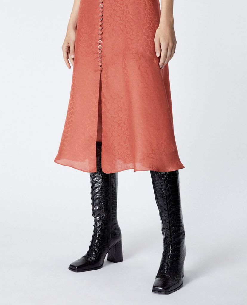 THE KOOPLES - Đầm midi cổ V tay ngắn phối nút bọc thời trang