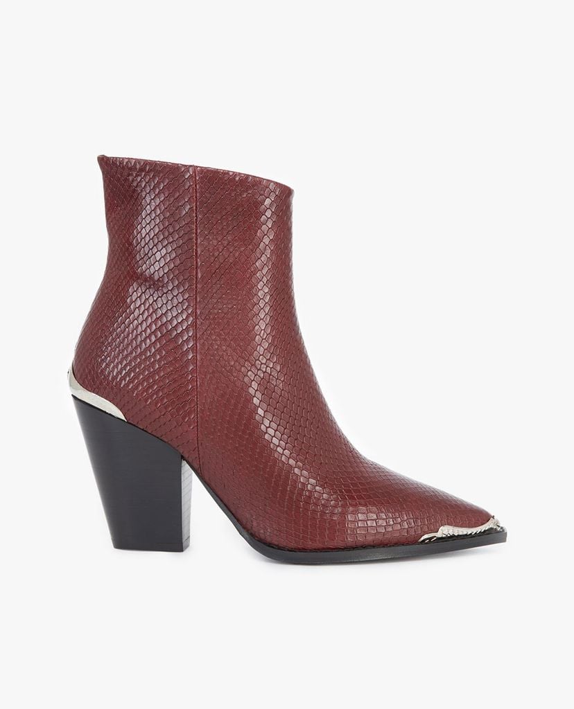 THE KOOPLES - Giày boots nữ mũi nhọn cổ cao Snake-Effect Burgundy Leather