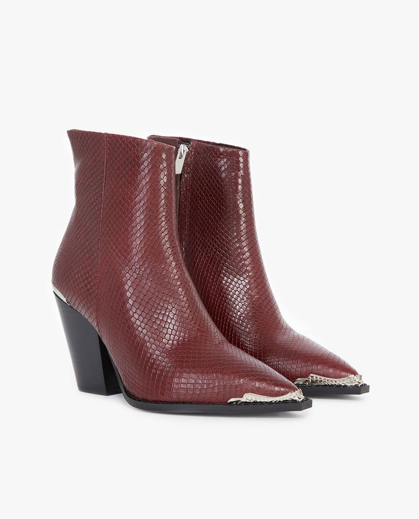 THE KOOPLES - Giày boots nữ mũi nhọn cổ cao Snake-Effect Burgundy Leather