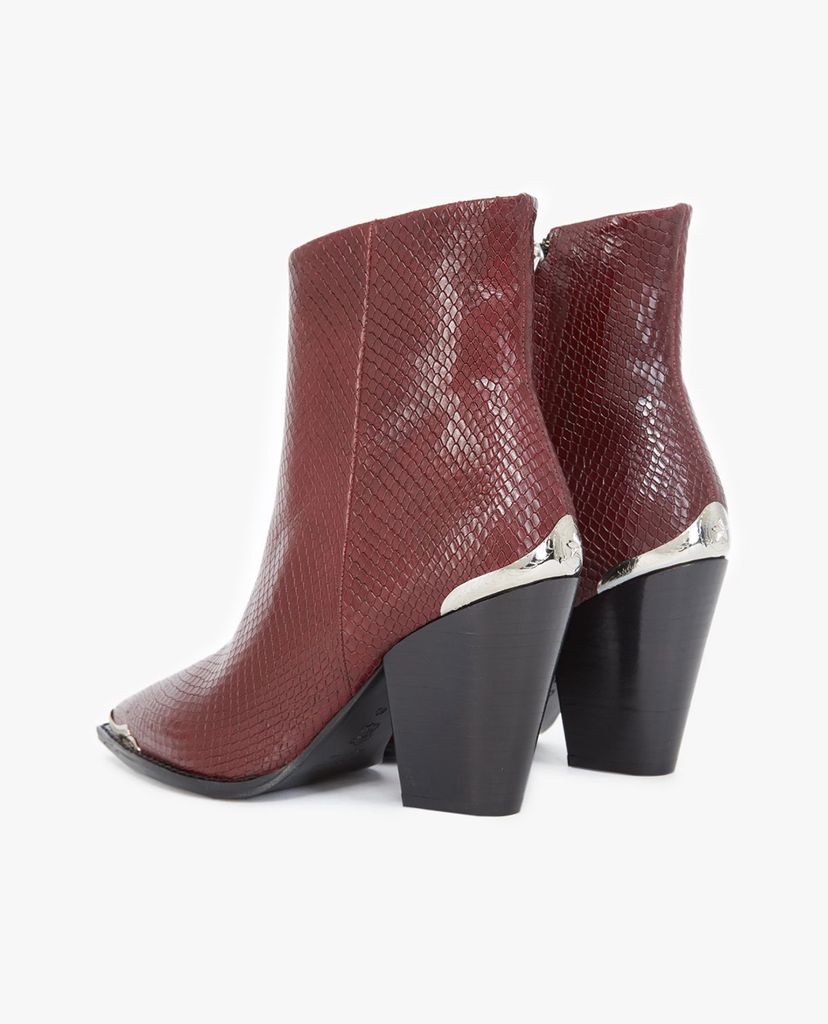 THE KOOPLES - Giày boots nữ mũi nhọn cổ cao Snake-Effect Burgundy Leather