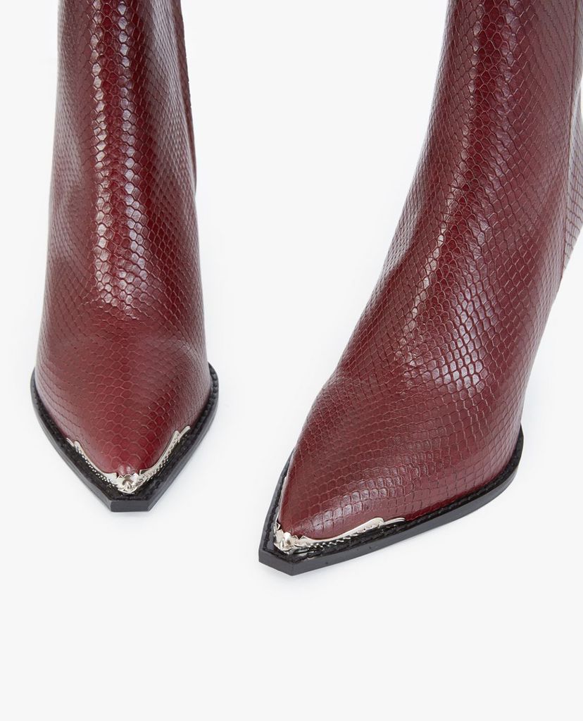 THE KOOPLES - Giày boots nữ mũi nhọn cổ cao Snake-Effect Burgundy Leather