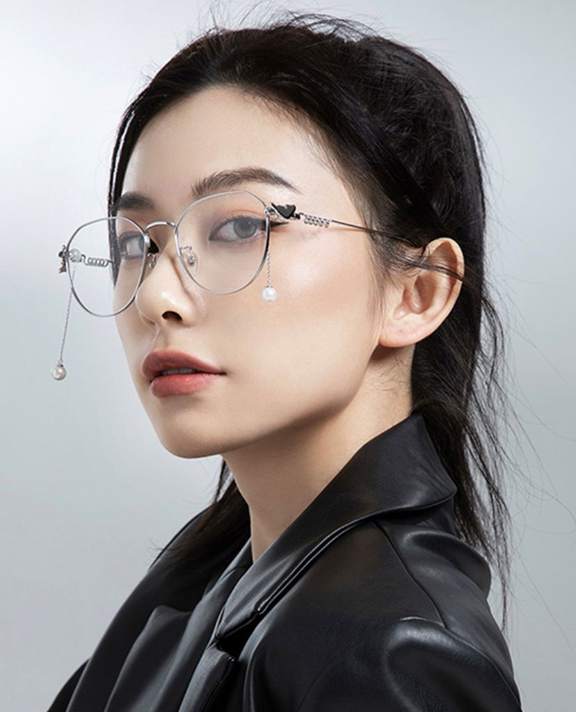 MUJOSH - Gọng kính tròn bảng mỏng phối ngọc trai thời trang