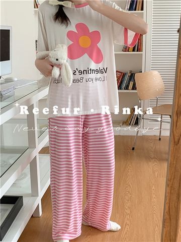  Bộ mặc nhà Áo hoa quần kẻ sọc hồng Reefur Rinka - Nhakholiti - ST146 