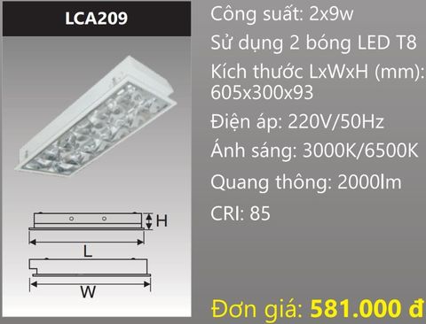  MÁNG ĐÈN ÂM TRẦN 300x600 (30x60) CHÓA PHẢN QUANG GẮN 2 BÓNG 6 TẤC LED 2x9W DUHAL LCA209 