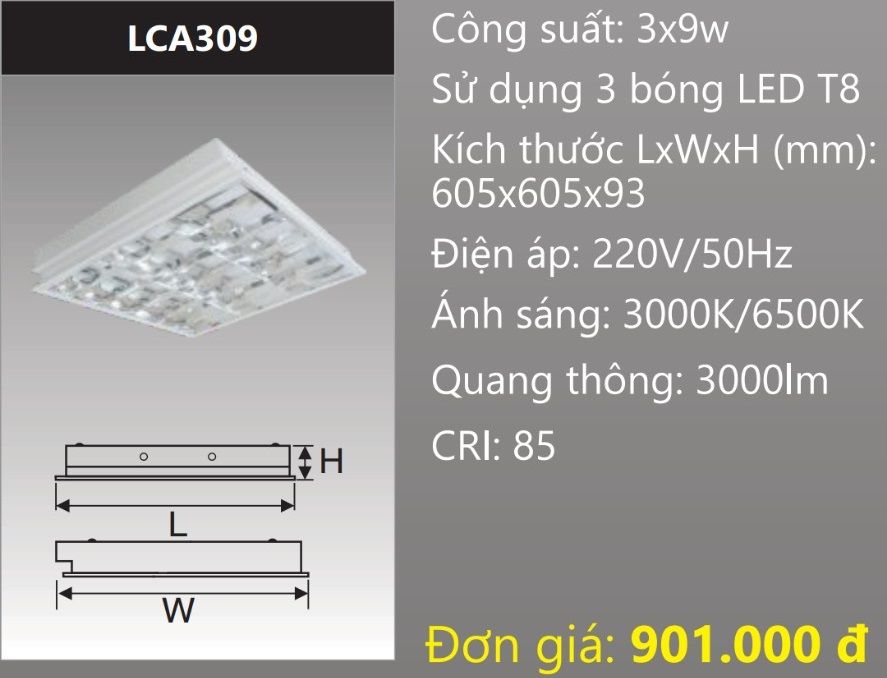 MÁNG ĐÈN ÂM TRẦN 600x600 (60x60) CHÓA PHẢN QUANG GẮN 3 BÓNG 6 TẤC LED 3x9W DUHAL LCA309