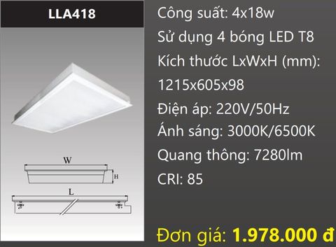  MÁNG ĐÈN ÂM TRẦN MẶT CHỤP MICA 600X1200 (60X120) GẮN 4 BÓNG 1M2 LED 4X18W DUHAL LLA418 