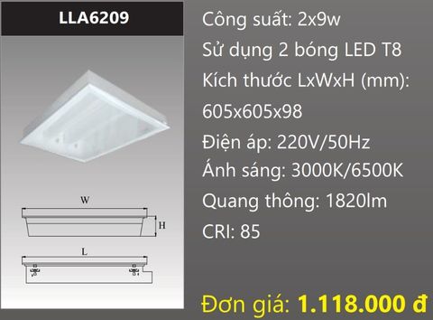  MÁNG ĐÈN ÂM TRẦN MẶT CHỤP MICA 600X600 (60X60) GẮN 2 BÓNG 6 TẤC LED 2X9W DUHAL LLA6209 