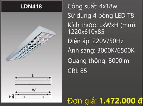  MÁNG ĐÈN CHÓA PHẢN QUANG 600x1200 (60x120) LẮP NỔI GẮN 4 BÓNG 1M2 LED 4x18W DUHAL LDN418 