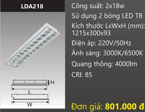  MÁNG ĐÈN PHẢN QUANG ÂM TRẦN 300X1200 (30X120) GẮN 2 BÓNG 1M2 LED 2X18W DUHAL LDA218 