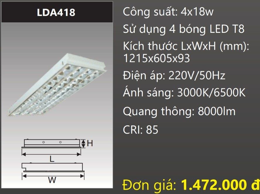 MÁNG ĐÈN PHẢN QUANG ÂM TRẦN 600X1200 (60X120) GẮN 4 BÓNG 1M2 LED 4X18W DUHAL LDA418