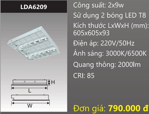  MÁNG ĐÈN PHẢN QUANG ÂM TRẦN 600X600 (60X60) GẮN 2 BÓNG 6 TẤC LED 2X9W DUHAL LDA6209 