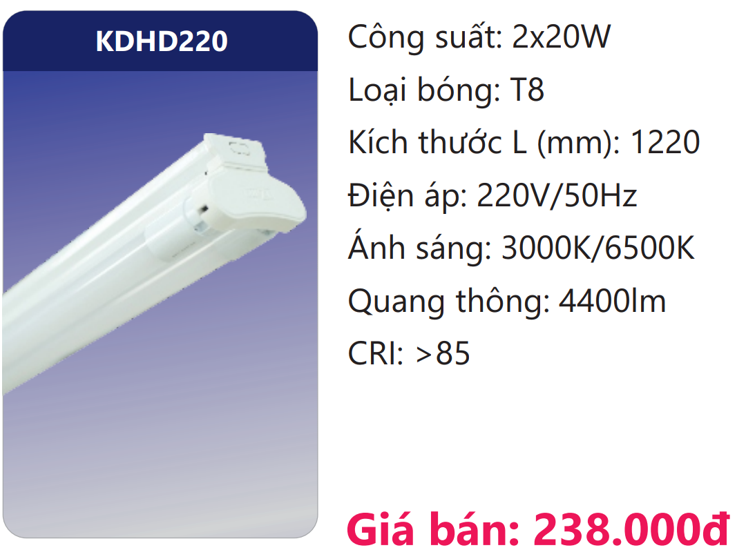 BỘ BÓNG ĐÈN TUÝP 1M2 ĐÔI LED 2 BÓNG 20W DUHAL KDHD220