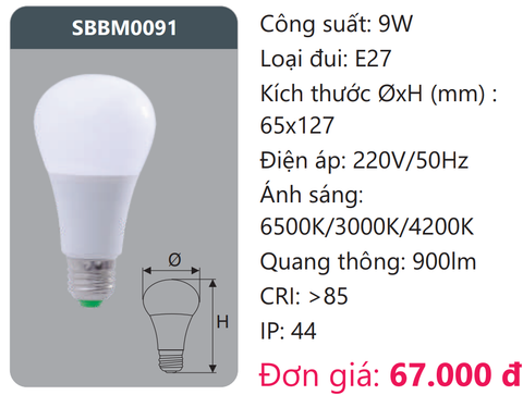  BÓNG ĐÈN LED BÚP ĐỔI MÀU DUHAL SBBM0091 / 9W 