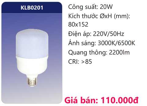  BÓNG ĐÈN LED TRỤ 20W DUHAL KLB0201 