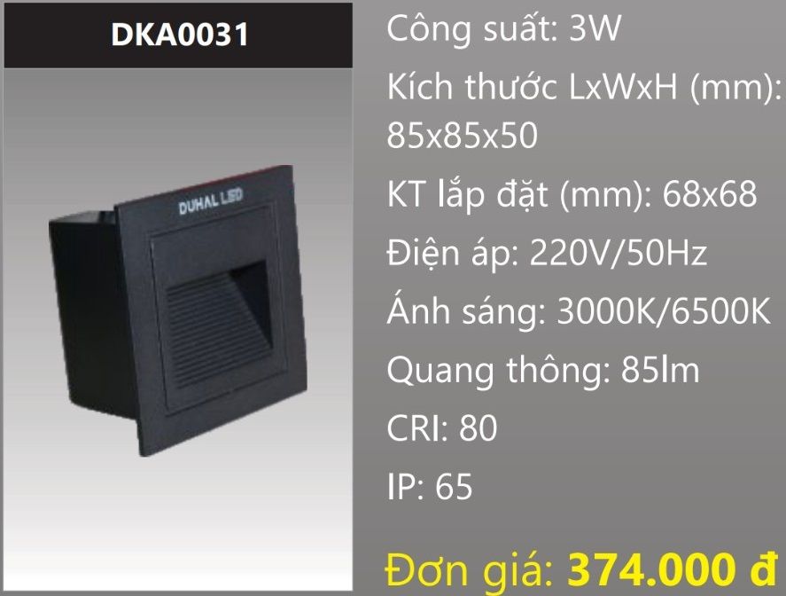 ĐÈN ÂM TƯỜNG MẶT HÌNH VUÔNG LED 3W DUHAL DKA0031