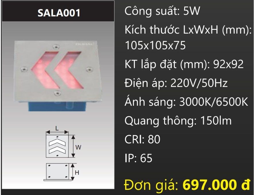 ĐÈN ÂM TƯỜNG MŨI TÊN CHỈ HƯỚNG  LED 5W DUHAL SALA001