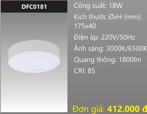  ĐÈN GẮN NỔI ỐP TRẦN TRÒN TRÀN VIỀN LED 18W DUHAL DFC0181 