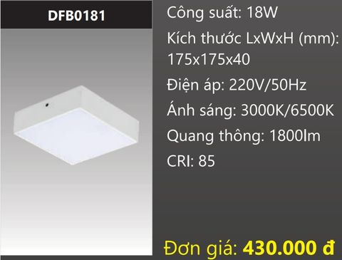  ĐÈN GẮN NỔI ỐP TRẦN VUÔNG TRÀN VIỀN LED 18W DUHAL DFB0181 