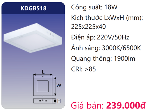  ĐÈN GẮN NỔI VUÔNG LED 18W DUHAL KDGB518 