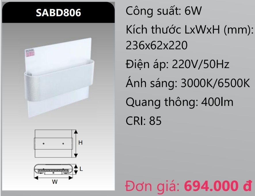 ĐÈN GẮN VÁCH TƯỜNG TRANG TRÍ LED 6W DUHAL SABD806