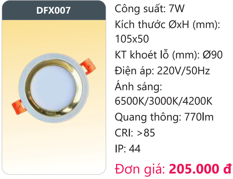  ĐÈN LED DOWNLIGHT ÂM TRẦN ĐỔI BA MÀU DUHAL DFX007 / 7W 