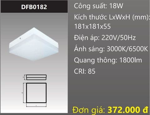  ĐÈN LED GẮN NỔI ỐP TRẦN VUÔNG ĐẾ NHÔM 18W DUHAL DFB0182 