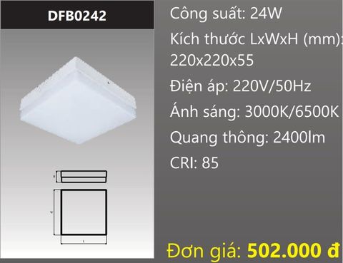  ĐÈN LED GẮN NỔI ỐP TRẦN VUÔNG ĐẾ NHÔM 24W DUHAL DFB0242 