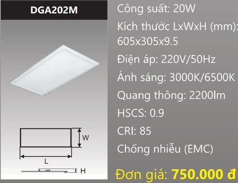  ĐÈN LED PANEL ÂM TRẦN BẢNG 600x300 (60x30) 20W DUHAL DGA202M 