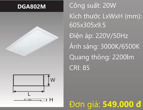  ĐÈN LED PANEL ÂM TRẦN BẢNG 600x300 (60x30) 20W DUHAL DGA802M 