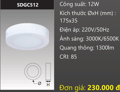  ĐÈN LED TRÒN GẮN NỔI 12W DUHAL SDGC512 