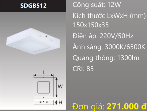  ĐÈN LED VUÔNG GẮN NỔI 12W DUHAL SDGB512 