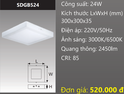  ĐÈN LED VUÔNG GẮN NỔI 24W DUHAL SDGB524 