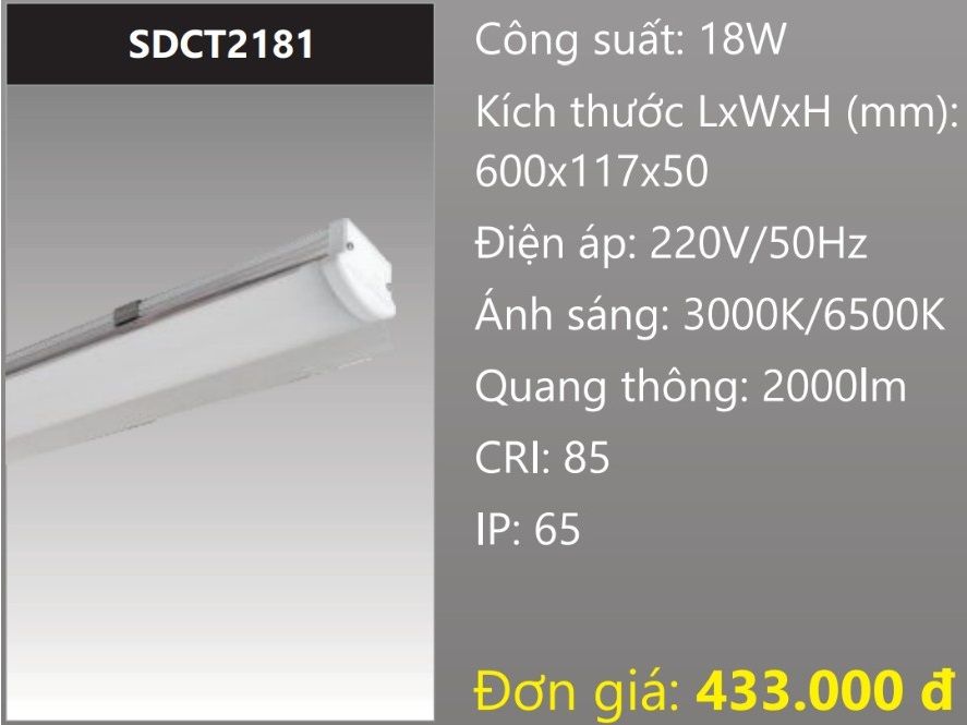 ĐÈN MÁNG CÔNG NGHIỆP CHỐNG THẤM LED 18W DUHAL SDCT2181