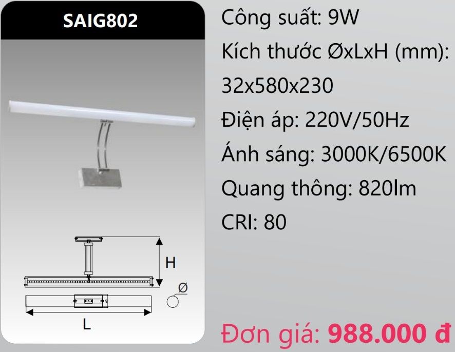 ĐÈN RỌI TRANH - SOI GƯƠNG LED 9W DUHAL SAIG802