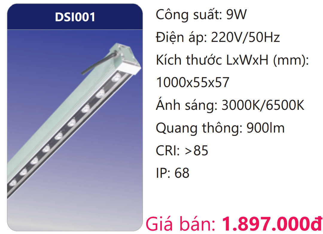 ĐÈN THANH LED 1M CHỐNG THẤM NGOÀI TRỜI 9W DUHAL DSI001