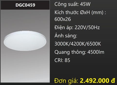  ĐÈN GẮN NỔI ỐP TRẦN TRÒN Ø600 LED ĐỔI 3 BA CHẾ ĐỘ MÀU 45W DUHAL DGC0459 