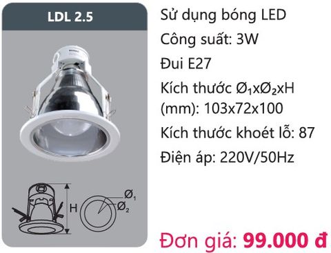  ĐÈN LON DOWNLIGHT ÂM TRẦN O100 DUHAL LDL 2.5 