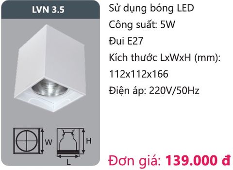  ĐÈN LON GẮN NỔI DUHAL LVN 3.5 / VUÔNG 