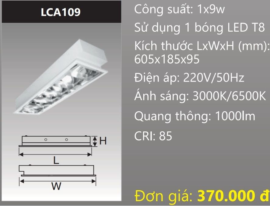 MÁNG ĐÈN ÂM TRẦN CHÓA PHẢN QUANG GẮN 1 BÓNG 6 TẤC LED 9W DUHAL LCA109