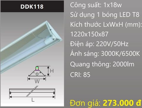  MÁNG ĐÈN CHỮ V CHÓA PHẢN QUANG GẮN 1 BÓNG 1M2 LED 1X18W DUHAL DDK118 