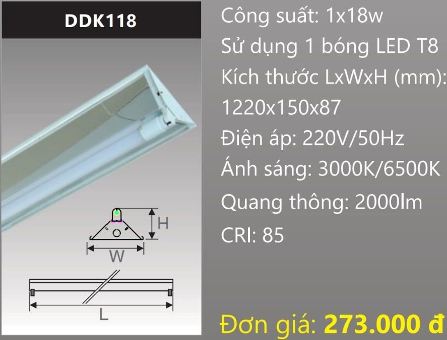 MÁNG ĐÈN CHỮ V CHÓA PHẢN QUANG GẮN 1 BÓNG 1M2 LED 1X18W DUHAL DDK118