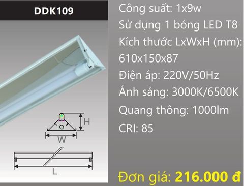  MÁNG ĐÈN CHỮ V CHÓA PHẢN QUANG GẮN 1 BÓNG 6 TẤC LED 1X9W DUHAL DDK109 