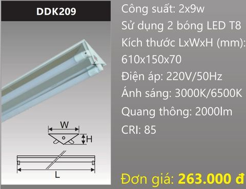  MÁNG ĐÈN CHỮ V CHÓA PHẢN QUANG GẮN 2 BÓNG 6 TẤC LED 2X9W DUHAL DDK209 