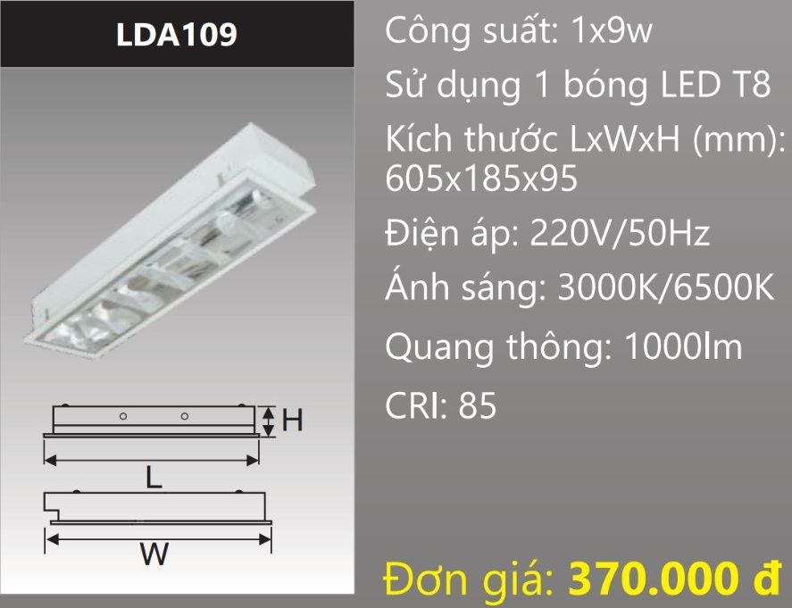 MÁNG ĐÈN PHẢN QUANG ÂM TRẦN GẮN 1 BÓNG 6 TẤC LED 9W DUHAL LDA109