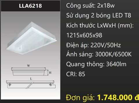  MÁNG ĐÈN ÂM TRẦN MẶT CHỤP MICA 600X1200 (60X120) GẮN 2 BÓNG 1M2 LED 2X18W DUHAL LLA6218 