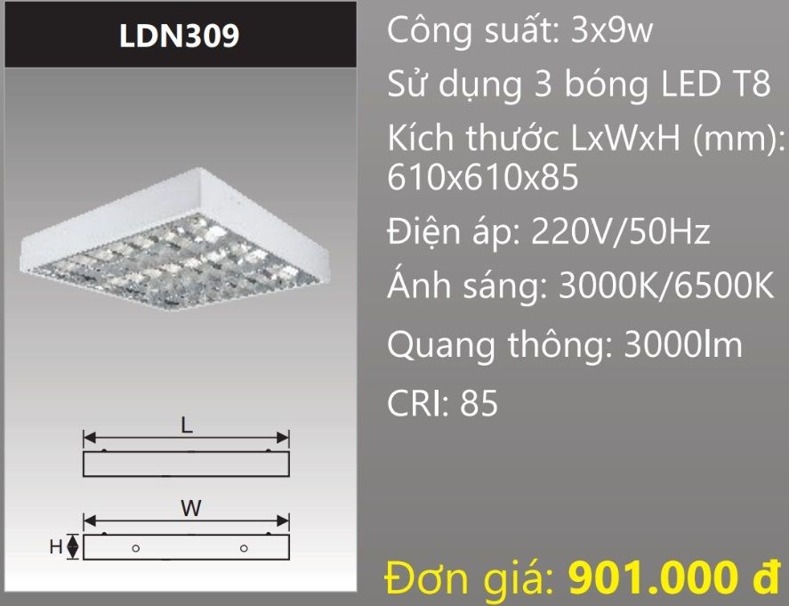 MÁNG ĐÈN CHÓA PHẢN QUANG 600x600 (60x60) LẮP NỔI GẮN 3 BÓNG 6 TẤC LED 3x9W DUHAL LDN309