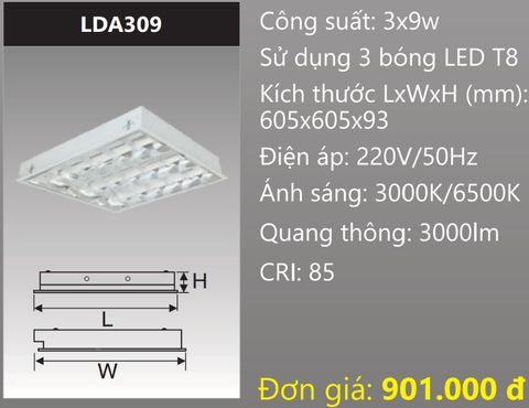  MÁNG ĐÈN PHẢN QUANG ÂM TRẦN 600X600 (60X60) GẮN 3 BÓNG 6 TẤC LED 3X9W DUHAL LDA309 