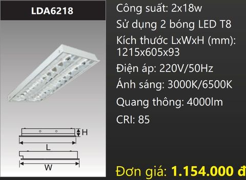  MÁNG ĐÈN PHẢN QUANG ÂM TRẦN 600X1200 (60X120) GẮN 2 BÓNG 1M2 LED 2x18W DUHAL LDA6218 