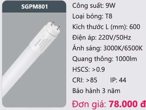  BÓNG ĐÈN TUÝP LED DUHAL SGPM801 ( 0,6M , 9W ) 